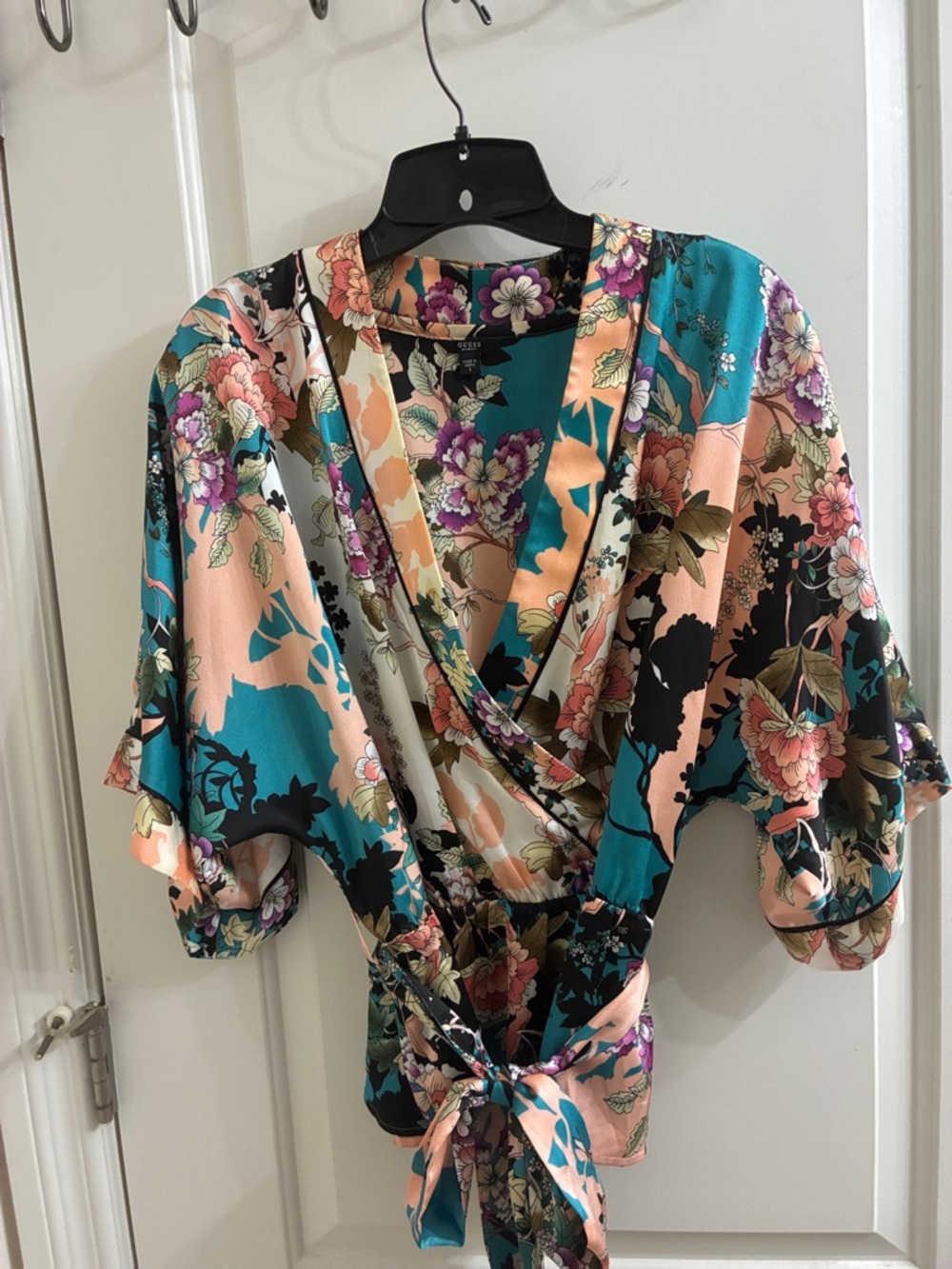 Guess Floral Wrap Blouse in Teal & Peach